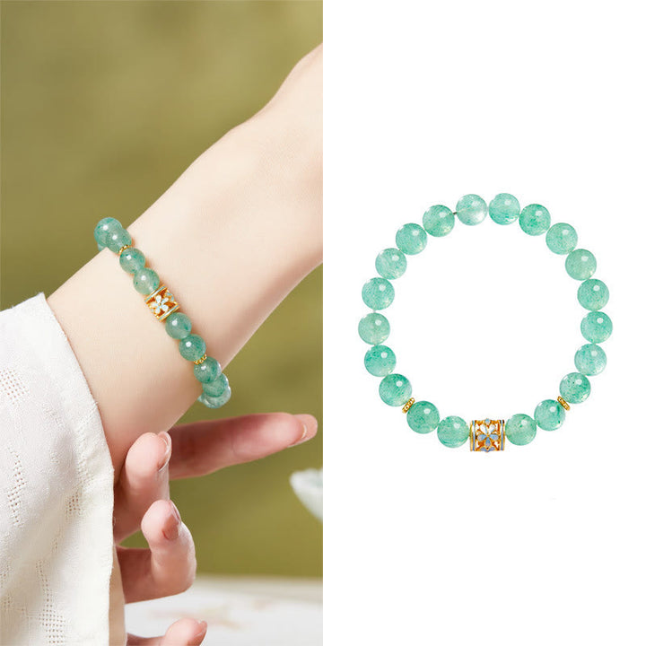 Bracelet Buddha Stones en argent sterling 925, quartz fraise vert et fleur apaisante