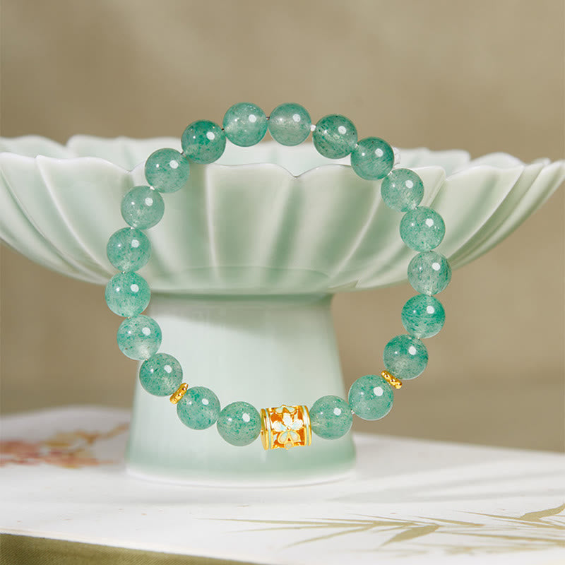 Bracelet Buddha Stones en argent sterling 925, quartz fraise vert et fleur apaisante