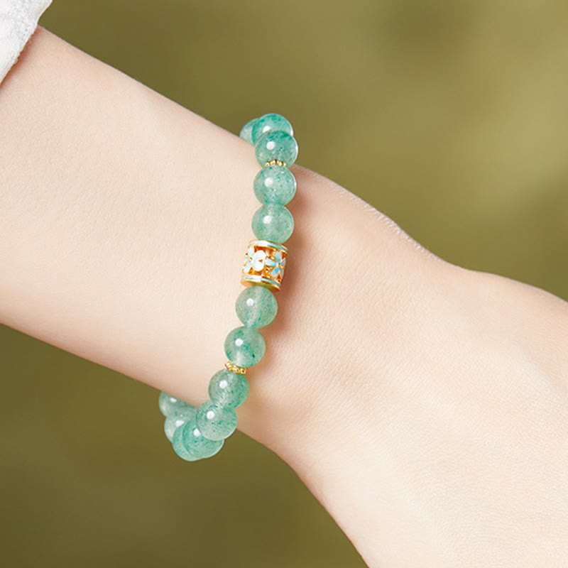 Bracelet Buddha Stones en argent sterling 925, quartz fraise vert et fleur apaisante