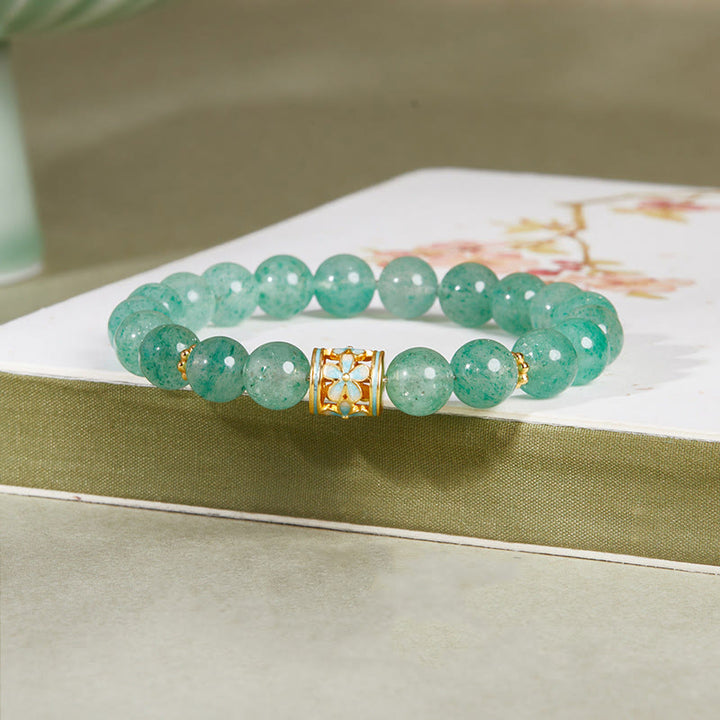 Bracelet Buddha Stones en argent sterling 925, quartz fraise vert et fleur apaisante