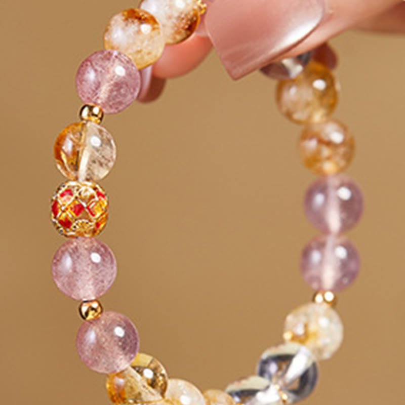 Bracelet de protection en argent sterling 999 et quartz fraise blanc avec citrine et cristaux de Buddha Stones