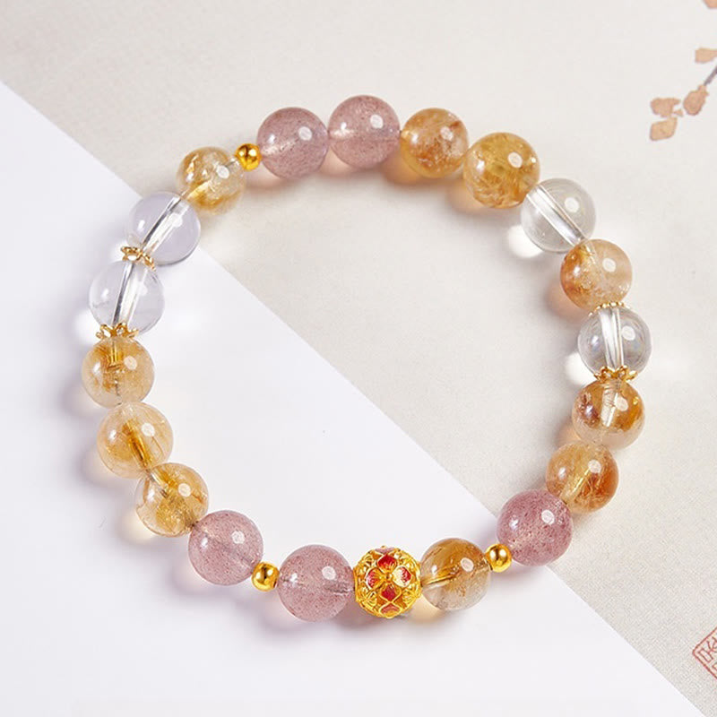 Bracelet de protection en argent sterling 999 et quartz fraise blanc avec citrine et cristaux de Buddha Stones