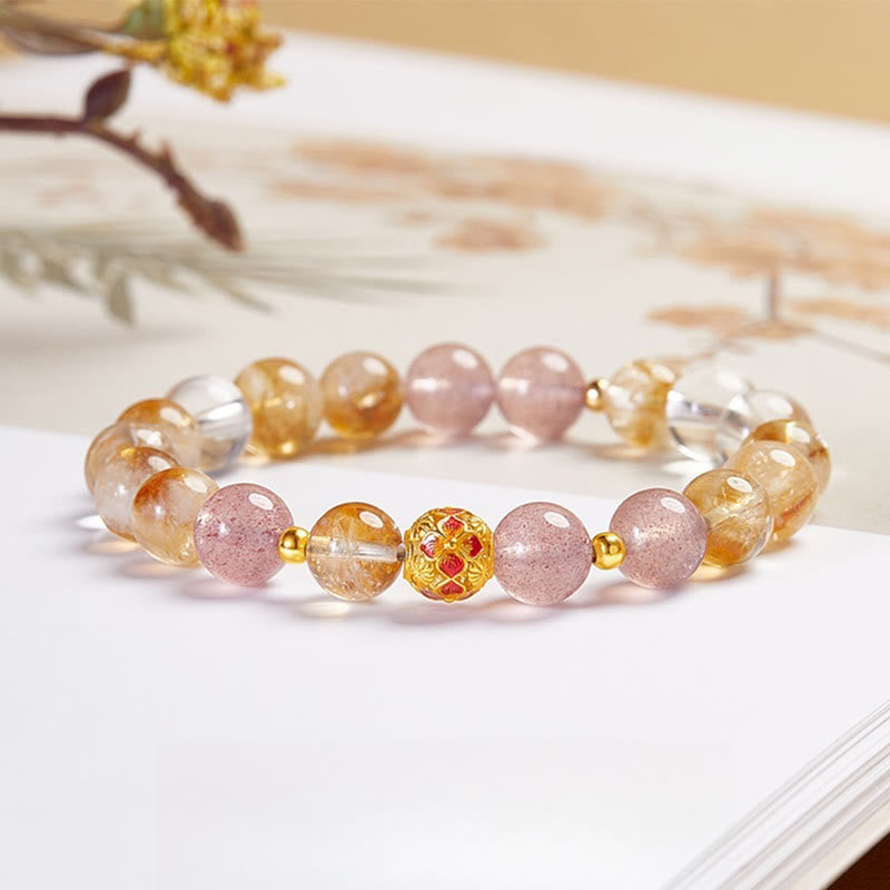 Bracelet de protection en argent sterling 999 et quartz fraise blanc avec citrine et cristaux de Buddha Stones - Citrine (Tour de poignet : 17-19 cm) - image 0