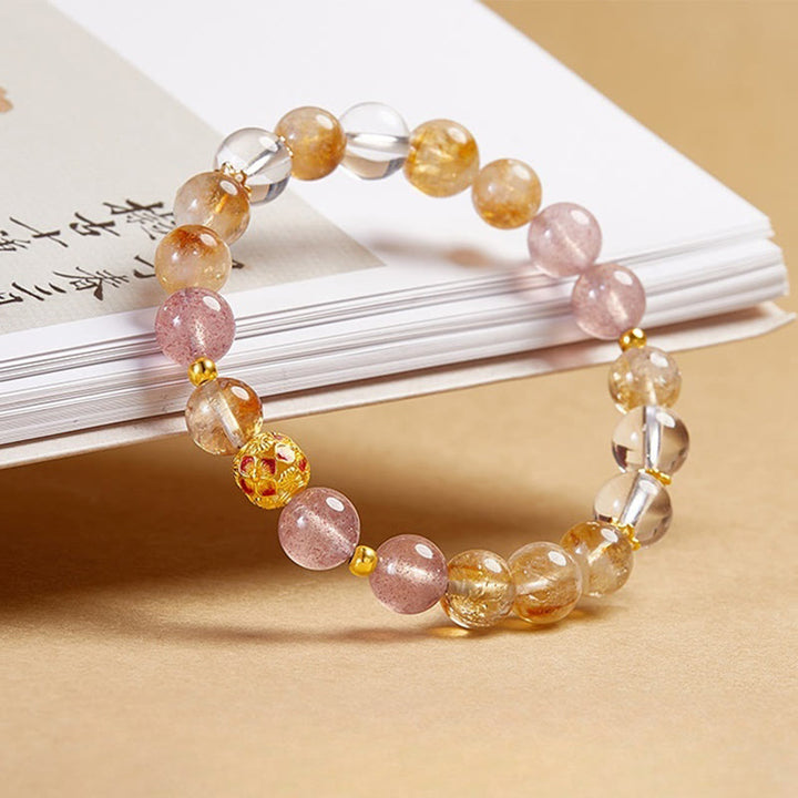 Bracelet de protection en argent sterling 999 et quartz fraise blanc avec citrine et cristaux de Buddha Stones