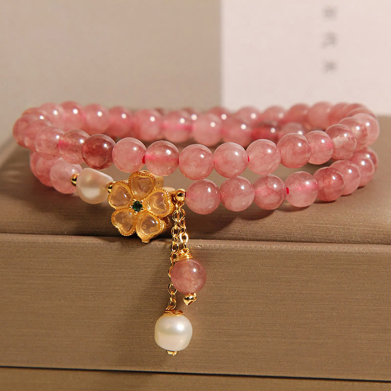 Bracelet double tour en quartz fraise et trèfle à quatre feuilles avec Buddha Stones