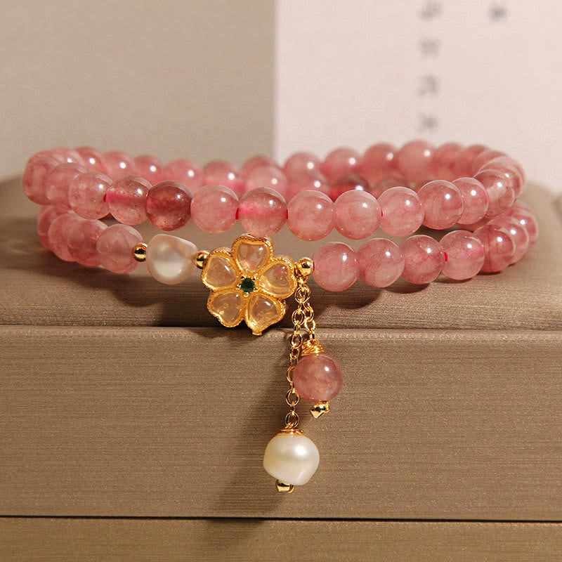Bracelet double tour en quartz fraise et trèfle à quatre feuilles avec Buddha Stones
