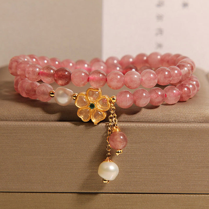 Bracelet double tour en quartz fraise et trèfle à quatre feuilles avec Buddha Stones