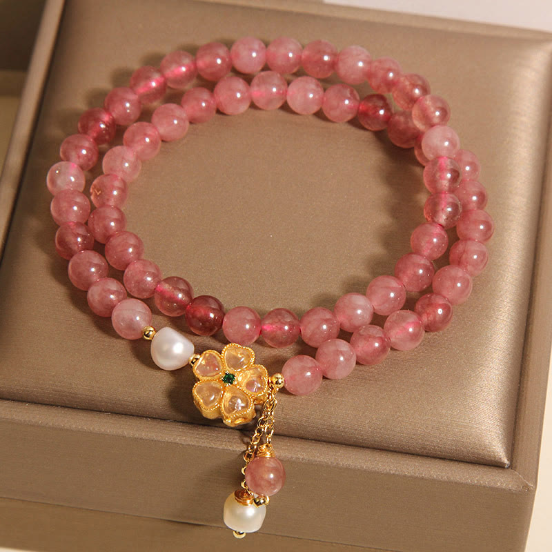Bracelet double tour en quartz fraise et trèfle à quatre feuilles avec Buddha Stones