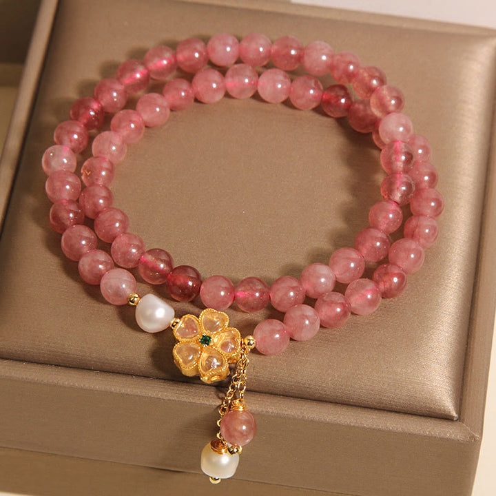 Bracelet double tour en quartz fraise et trèfle à quatre feuilles avec Buddha Stones