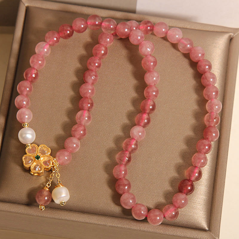 Bracelet double tour en quartz fraise et trèfle à quatre feuilles avec Buddha Stones