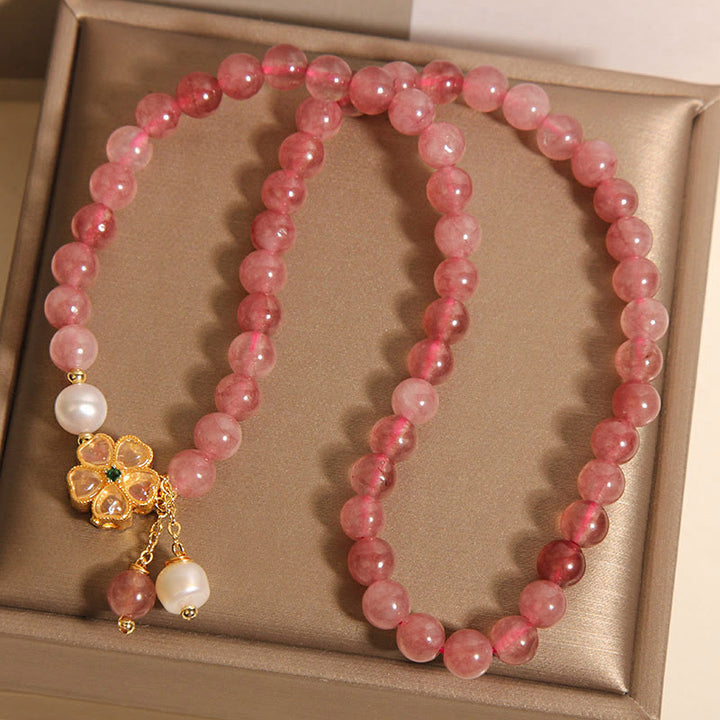 Bracelet double tour en quartz fraise et trèfle à quatre feuilles avec Buddha Stones