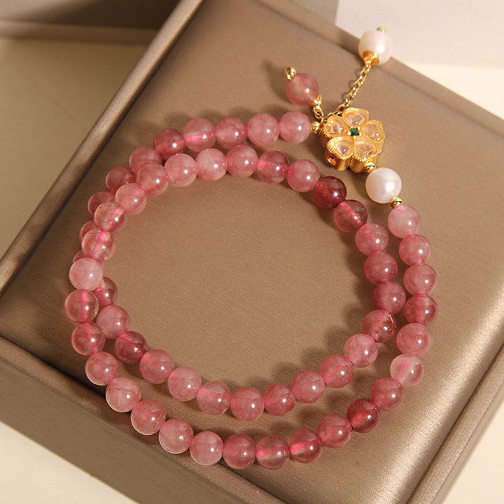Bracelet double tour en quartz fraise et trèfle à quatre feuilles avec Buddha Stones