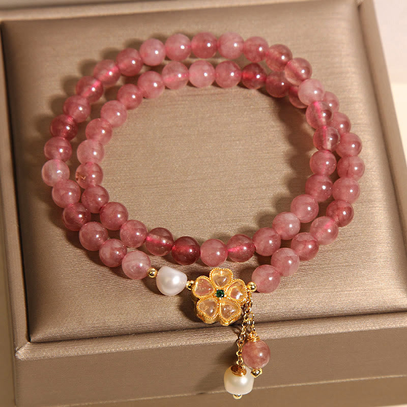 Bracelet double tour en quartz fraise et trèfle à quatre feuilles avec Buddha Stones