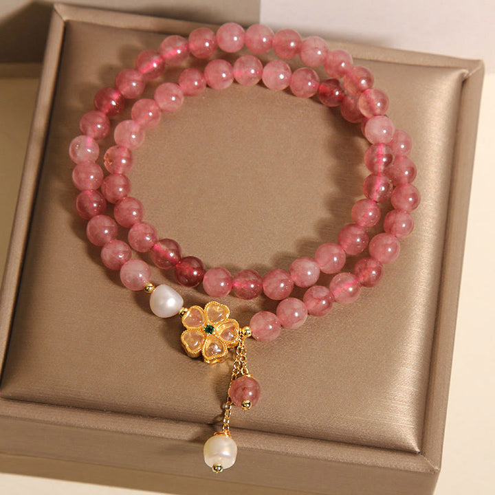 Bracelet double tour en quartz fraise et trèfle à quatre feuilles avec Buddha Stones