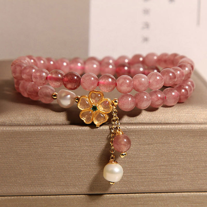 Bracelet double tour en quartz fraise et trèfle à quatre feuilles avec Buddha Stones