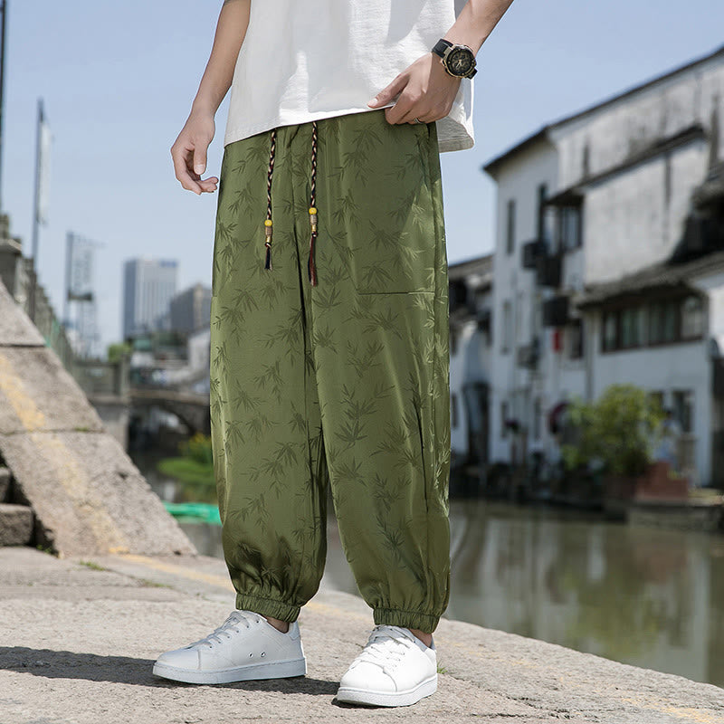 Pantalon d'été en coton avec cordon de serrage et poches pour homme, motif jacquard de soie glacée et bambou