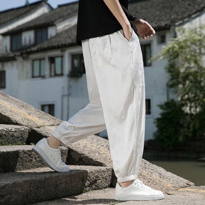 Pantalon d'été en coton avec cordon de serrage et poches pour homme, motif jacquard de soie glacée et bambou
