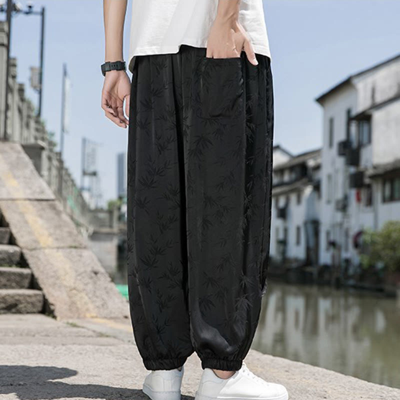 Pantalon d'été en coton avec cordon de serrage et poches pour homme, motif jacquard de soie glacée et bambou