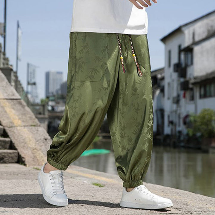 Pantalon d'été en coton avec cordon de serrage et poches pour homme, motif jacquard de soie glacée et bambou