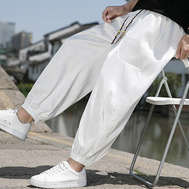 Pantalon d'été en coton avec cordon de serrage et poches pour homme, motif jacquard de soie glacée et bambou