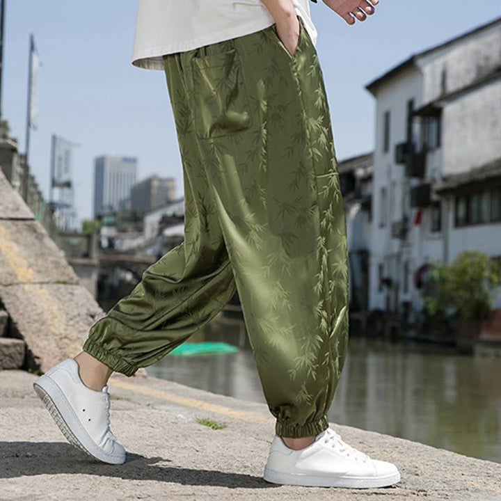 Pantalon d'été en coton avec cordon de serrage et poches pour homme, motif jacquard de soie glacée et bambou