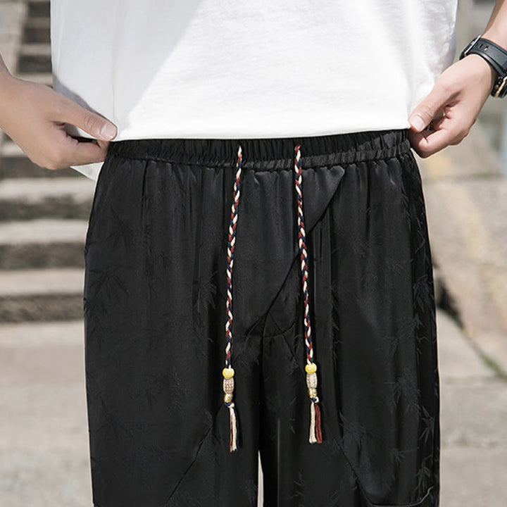 Pantalon d'été en coton avec cordon de serrage et poches pour homme, motif jacquard de soie glacée et bambou
