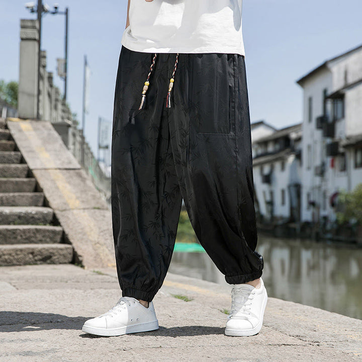 Pantalon d'été en coton avec cordon de serrage et poches pour homme, motif jacquard de soie glacée et bambou