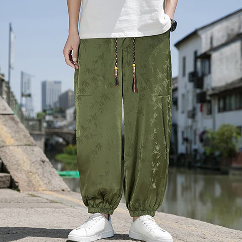 Pantalon d'été en coton avec cordon de serrage et poches pour homme, motif jacquard de soie glacée et bambou