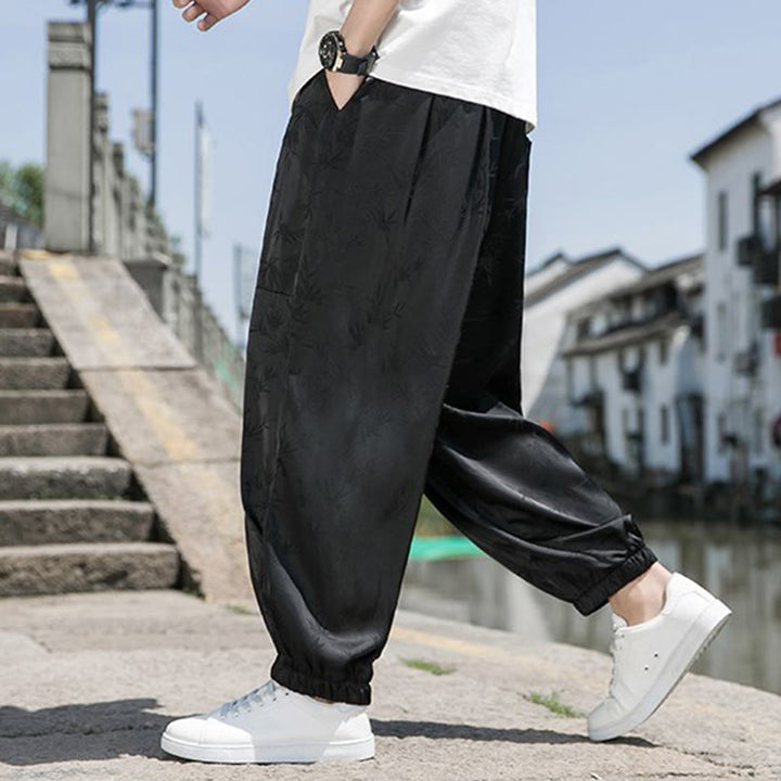 Pantalon d'été en coton avec cordon de serrage et poches pour homme, motif jacquard de soie glacée et bambou