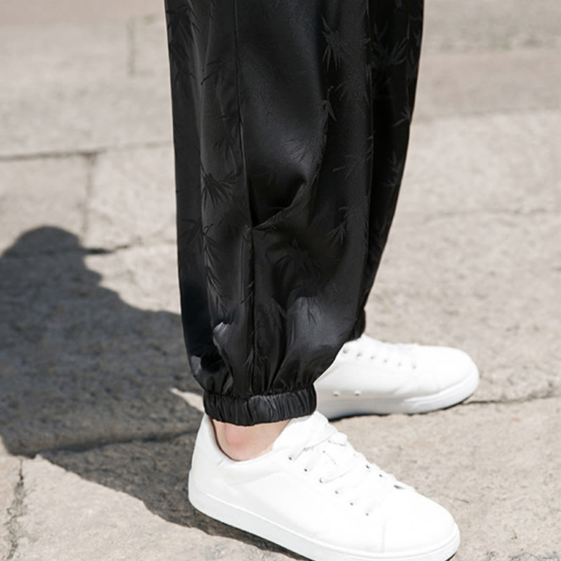 Pantalon d'été en coton avec cordon de serrage et poches pour homme, motif jacquard de soie glacée et bambou