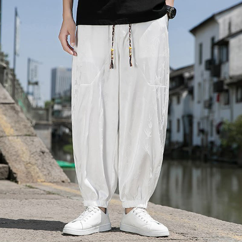 Pantalon d'été en coton avec cordon de serrage et poches pour homme, motif jacquard de soie glacée et bambou