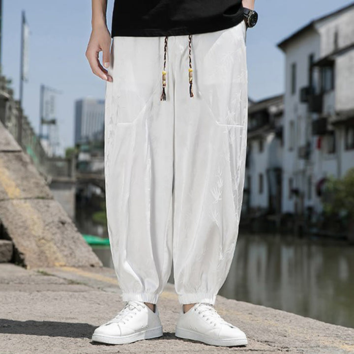 Pantalon d'été en coton avec cordon de serrage et poches pour homme, motif jacquard de soie glacée et bambou