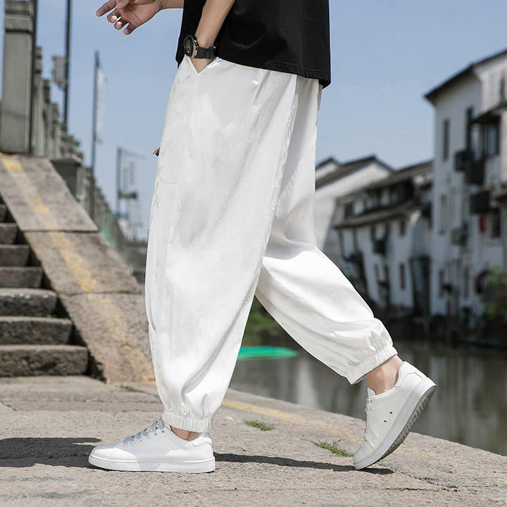 Pantalon d'été en coton avec cordon de serrage et poches pour homme, motif jacquard de soie glacée et bambou