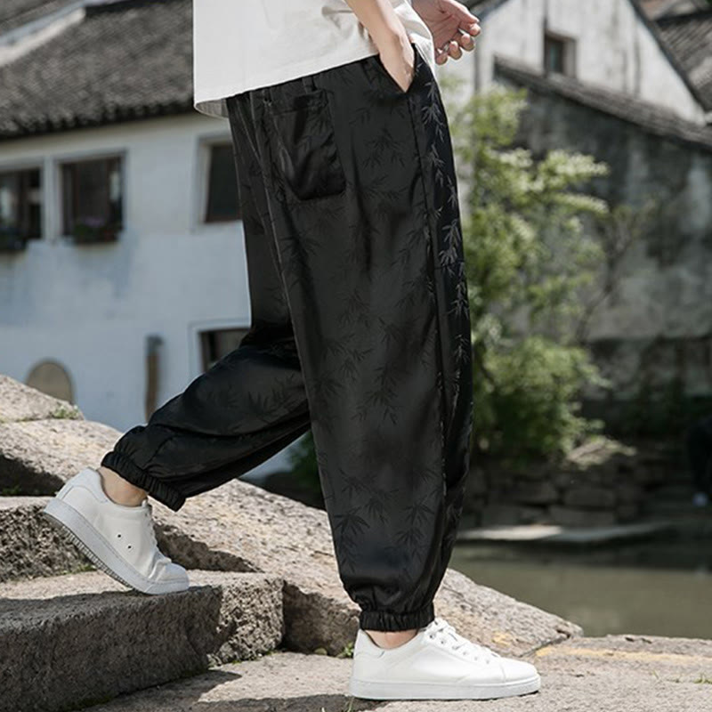 Pantalon d'été en coton avec cordon de serrage et poches pour homme, motif jacquard de soie glacée et bambou