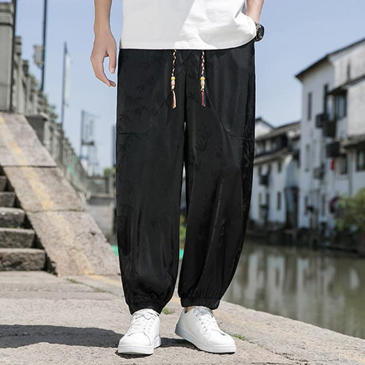 Pantalon d'été en coton avec cordon de serrage et poches pour homme, motif jacquard de soie glacée et bambou