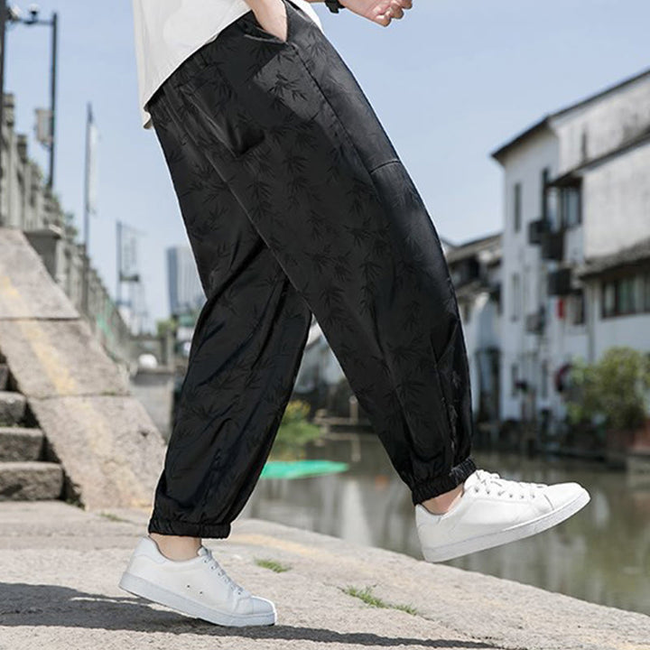Pantalon d'été en coton avec cordon de serrage et poches pour homme, motif jacquard de soie glacée et bambou