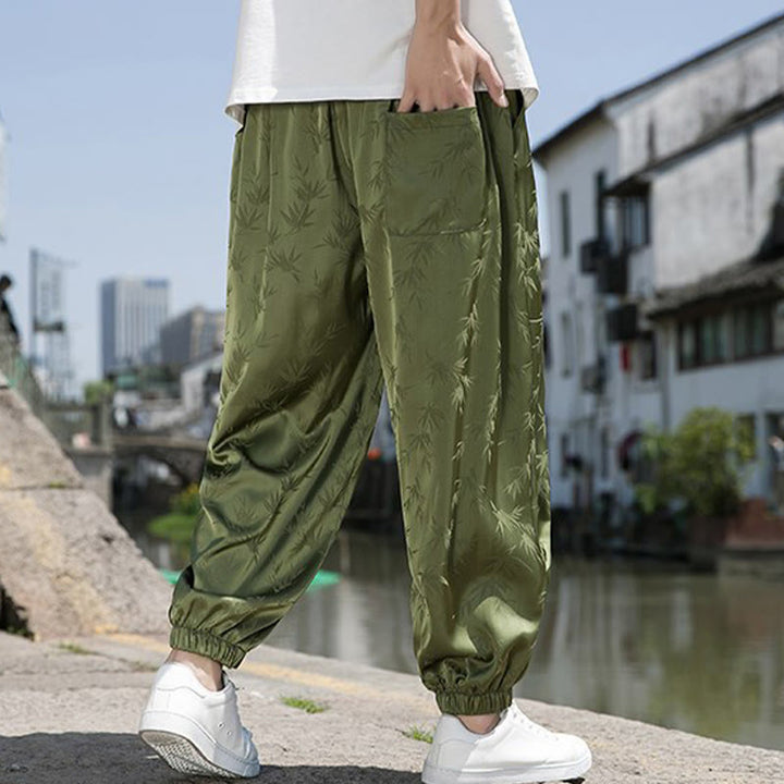 Pantalon d'été en coton avec cordon de serrage et poches pour homme, motif jacquard de soie glacée et bambou