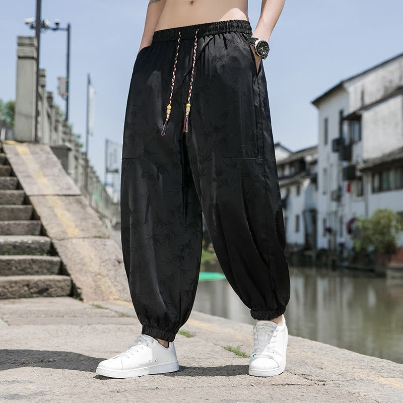 Pantalon d'été en coton avec cordon de serrage et poches pour homme, motif jacquard de soie glacée et bambou