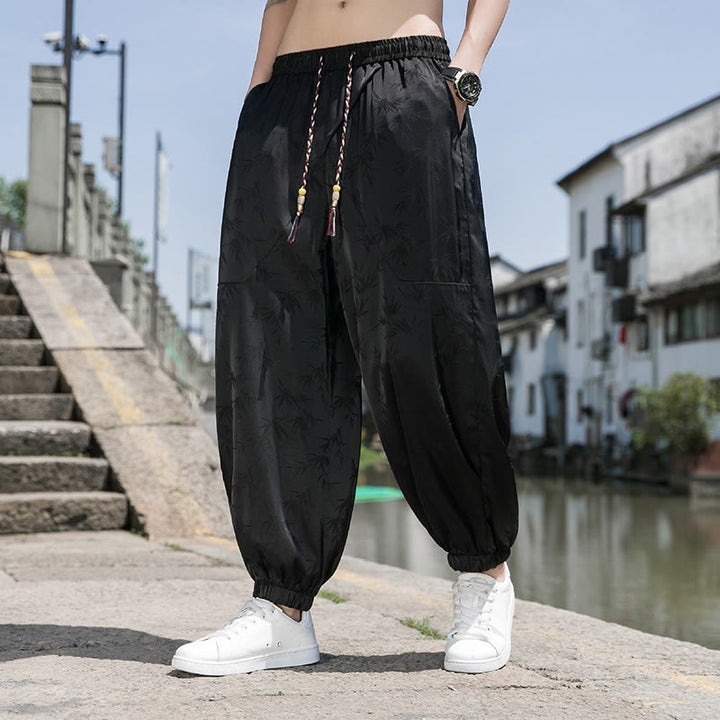 Pantalon d'été en coton avec cordon de serrage et poches pour homme, motif jacquard de soie glacée et bambou