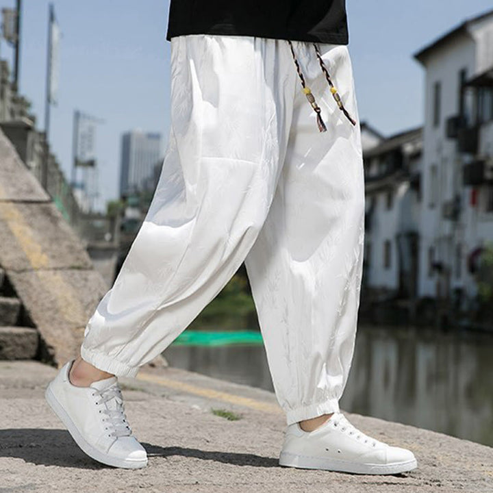 Pantalon d'été en coton avec cordon de serrage et poches pour homme, motif jacquard de soie glacée et bambou