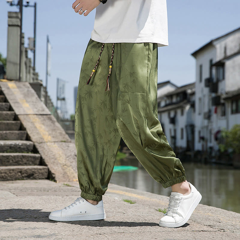 Pantalon d'été en coton avec cordon de serrage et poches pour homme, motif jacquard de soie glacée et bambou