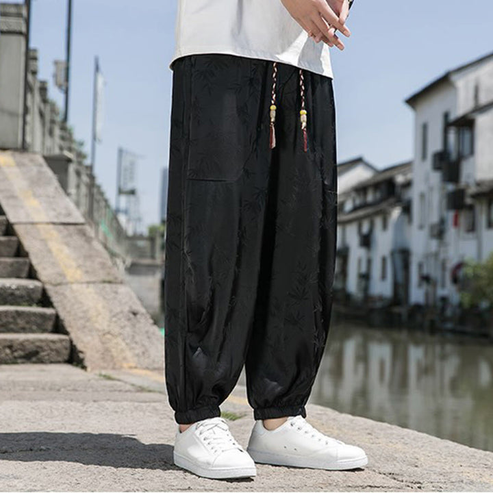 Pantalon d'été en coton avec cordon de serrage et poches pour homme, motif jacquard de soie glacée et bambou