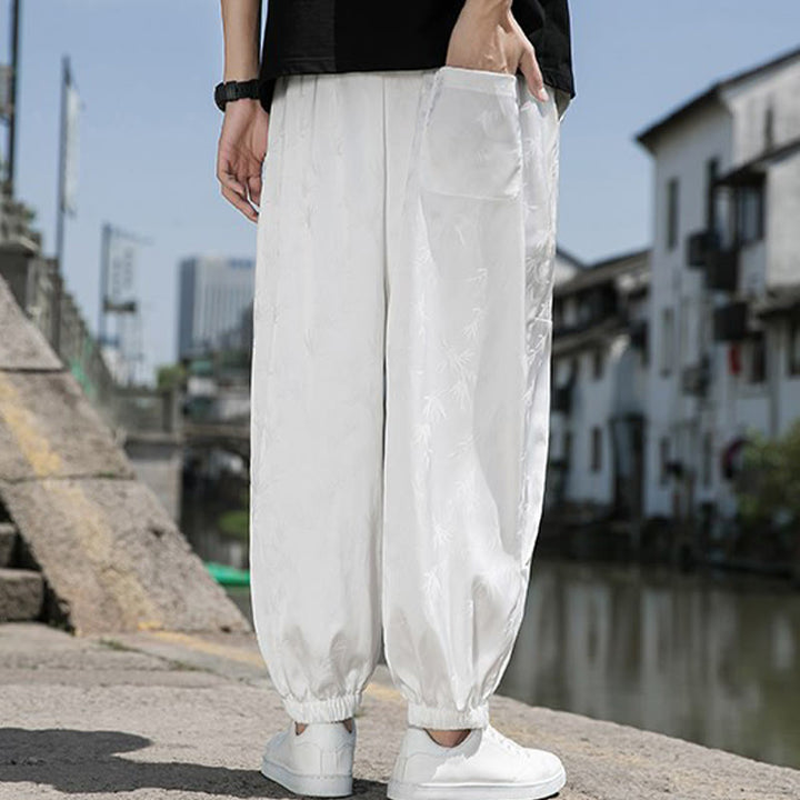 Pantalon d'été en coton avec cordon de serrage et poches pour homme, motif jacquard de soie glacée et bambou