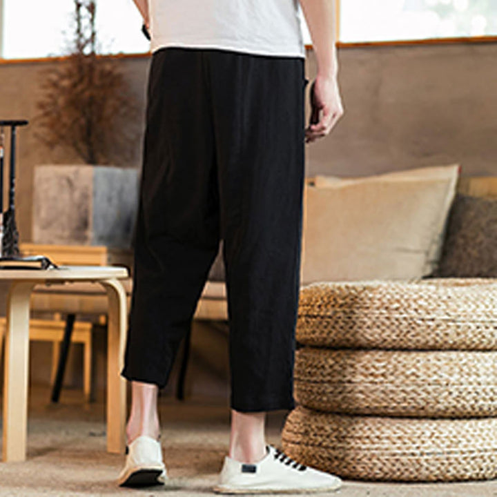 Pantalon décontracté en coton et lin avec cordon de serrage et poches pour homme, couleur unie, motif Buddha Stones - image 29