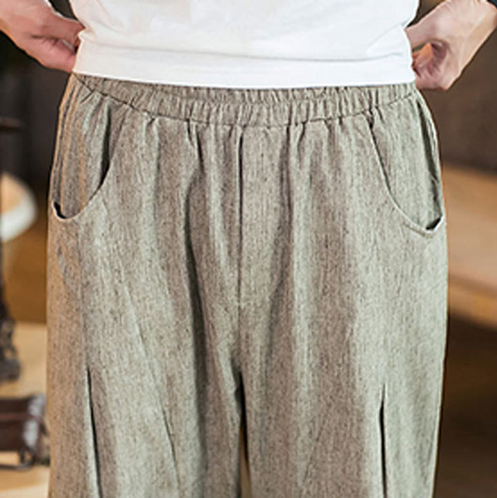 Pantalon décontracté en coton et lin avec cordon de serrage et poches pour homme, couleur unie, motif Buddha Stones - image 8