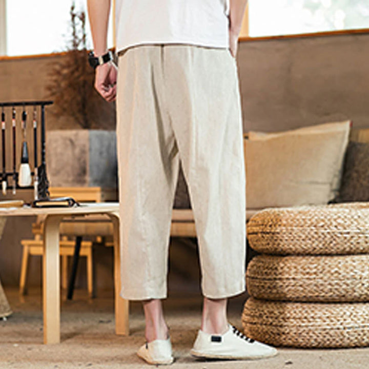 Pantalon décontracté en coton et lin avec cordon de serrage et poches pour homme, couleur unie, motif Buddha Stones - image 42