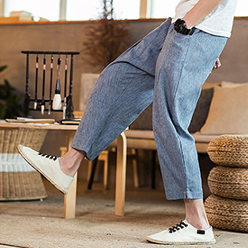 Pantalon décontracté en coton et lin avec cordon de serrage et poches pour homme, couleur unie, motif Buddha Stones - image 38