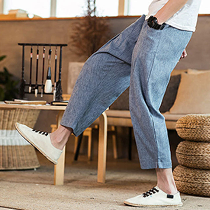 Pantalon décontracté en coton et lin avec cordon de serrage et poches pour homme, couleur unie, motif Buddha Stones - image 38