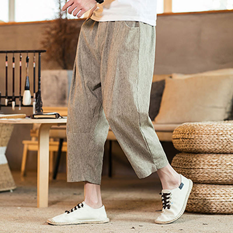 Pantalon décontracté en coton et lin avec cordon de serrage et poches pour homme, couleur unie, motif Buddha Stones - image 1