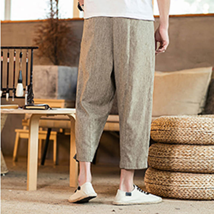 Pantalon décontracté en coton et lin avec cordon de serrage et poches pour homme, couleur unie, motif Buddha Stones - image 4